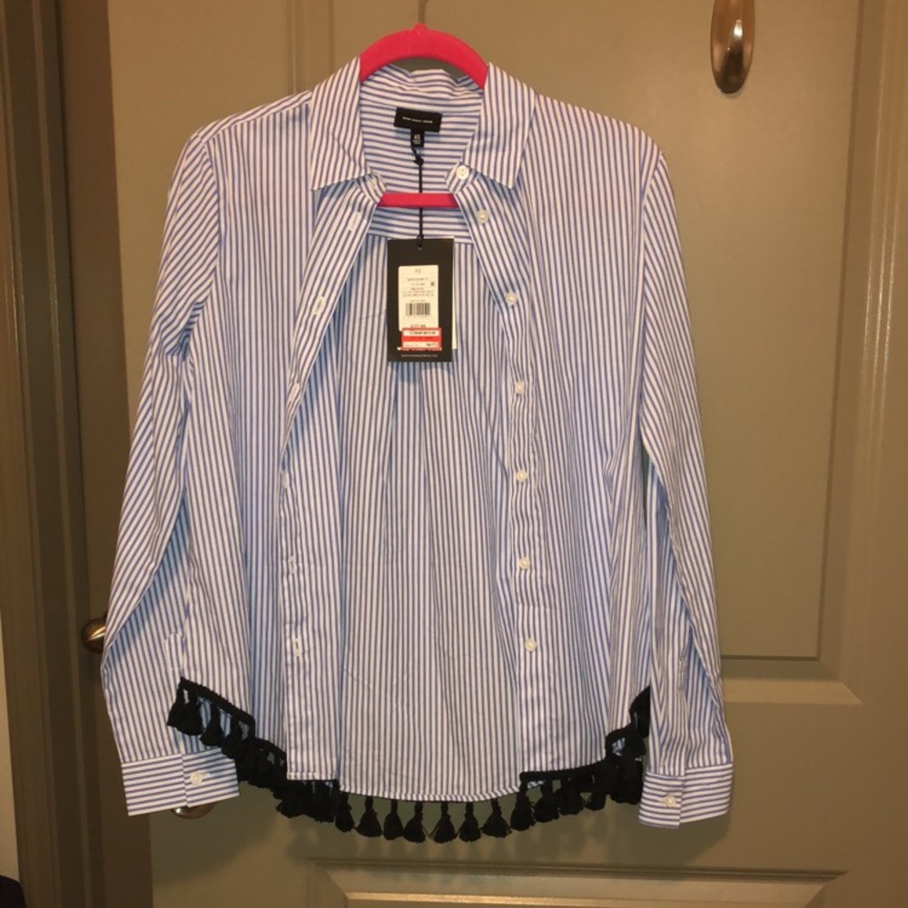Blue and white striped button up blouse w/ fringe